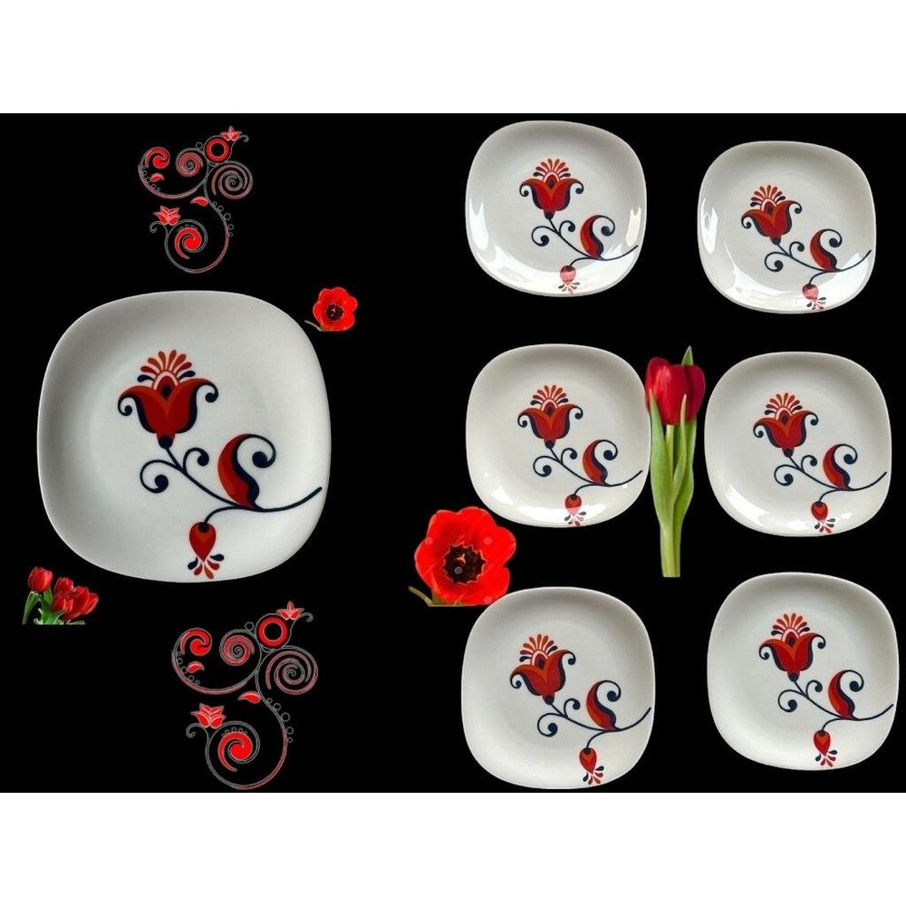 VTG 70s Block Langenthal Transition Bread Plates 6 piece Red Floral Pop Art